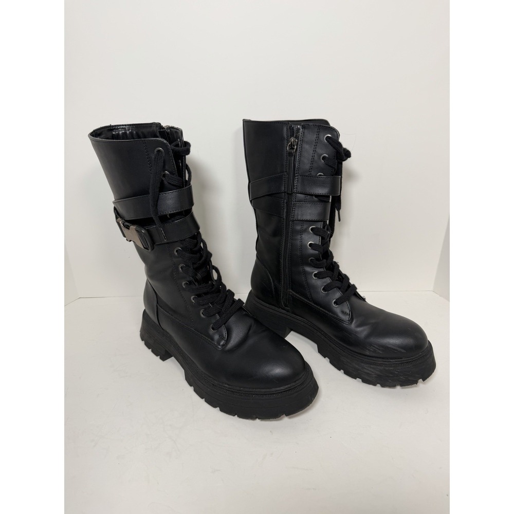Bershka, Women's High Shaft Combat Boots, Black W/Buckles, Size 38